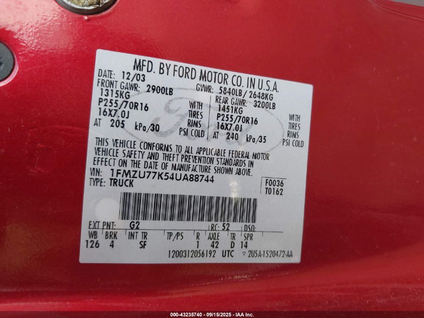 2004 Ford Explorer Sport Trac Adrenalin/Xls/Xlt VIN: 1FMZU77K54UA88744 Lot: 43235740