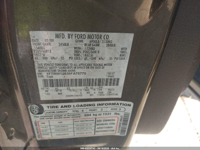 2009 Ford F-150 Xl/Xlt VIN: 1FTRW12839FA75770 Lot: 43235743
