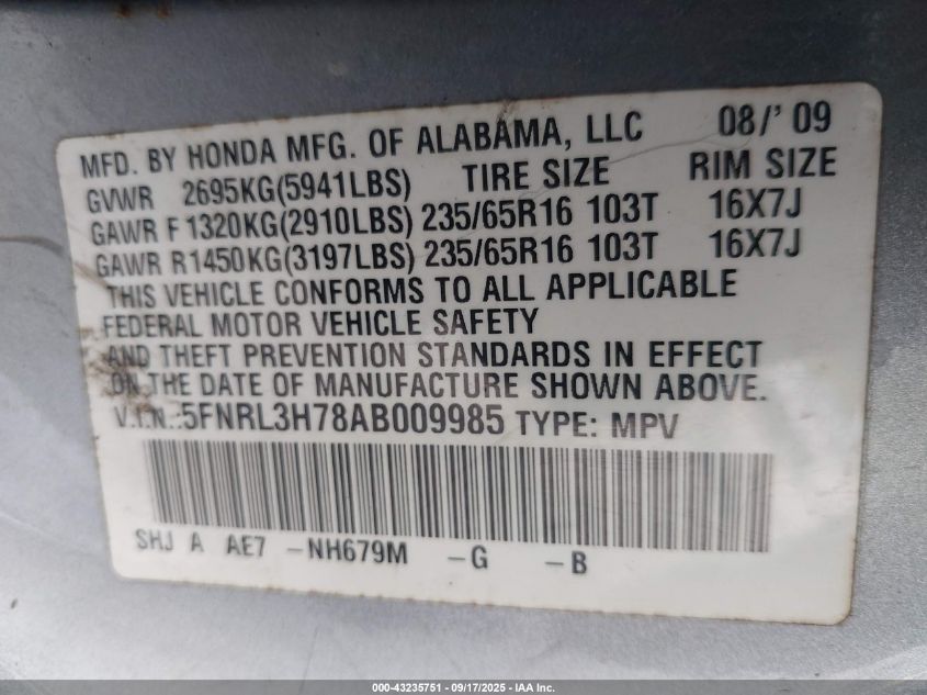 2010 Honda Odyssey Ex-L VIN: 5FNRL3H78AB009985 Lot: 43235751