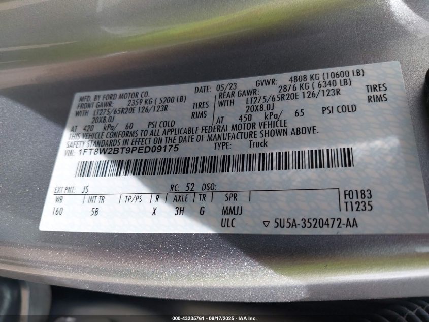 2023 Ford F-250 Lariat VIN: 1FT8W2BT9PED09175 Lot: 43235761