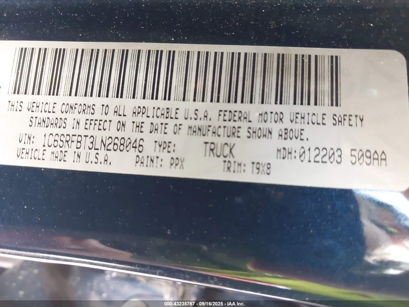 2020 Ram 1500 VIN: 1C6SRFBT3LN268046 Lot: 43235767