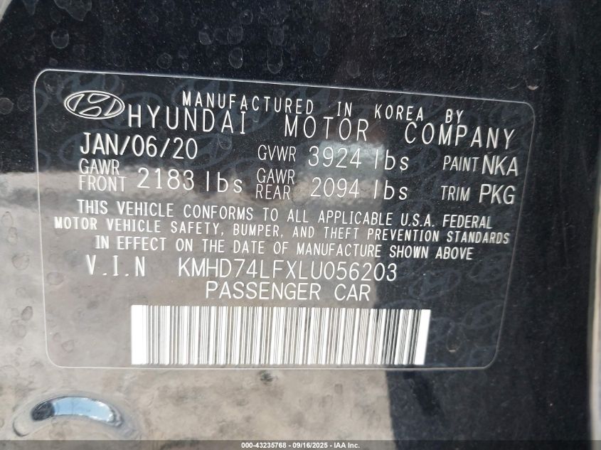 2020 Hyundai Elantra Se VIN: KMHD74LFXLU056203 Lot: 43235768