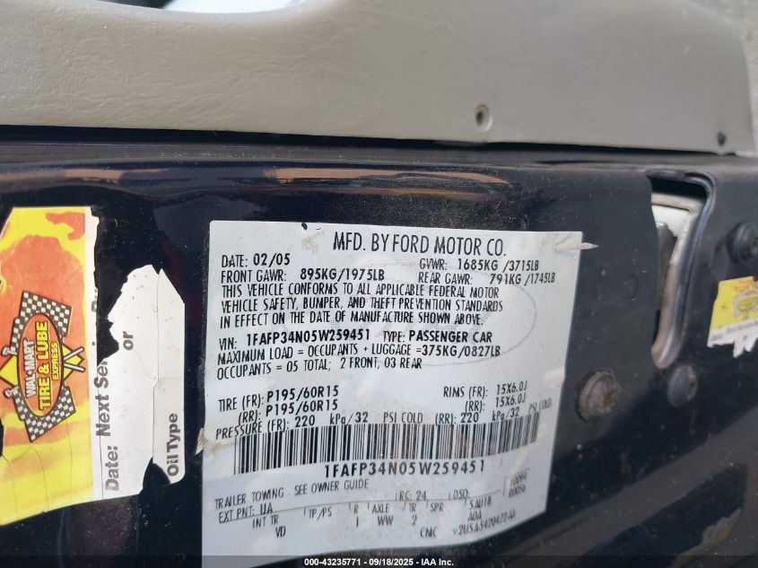 2005 Ford Focus Zx4 VIN: 1FAFP34N05W259451 Lot: 43235771