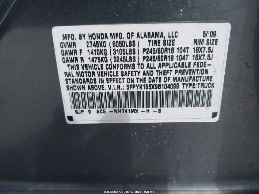 2009 Honda Ridgeline Rtl VIN: 5FPYK165X9B104099 Lot: 43235779