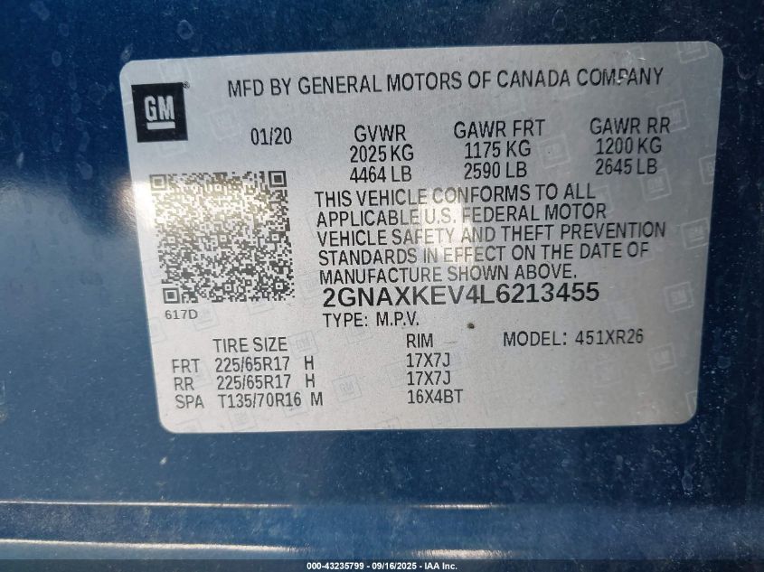 2020 Chevrolet Equinox Fwd Lt 1.5L Turbo VIN: 2GNAXKEV4L6213455 Lot: 43235799