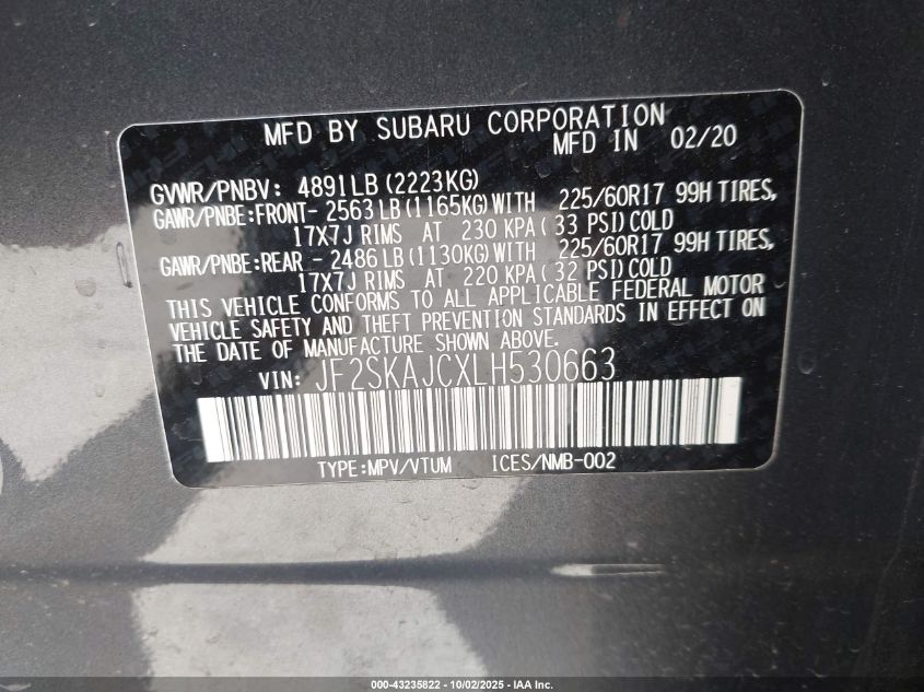 2020 Subaru Forester Premium VIN: JF2SKAJCXLH530663 Lot: 43235822