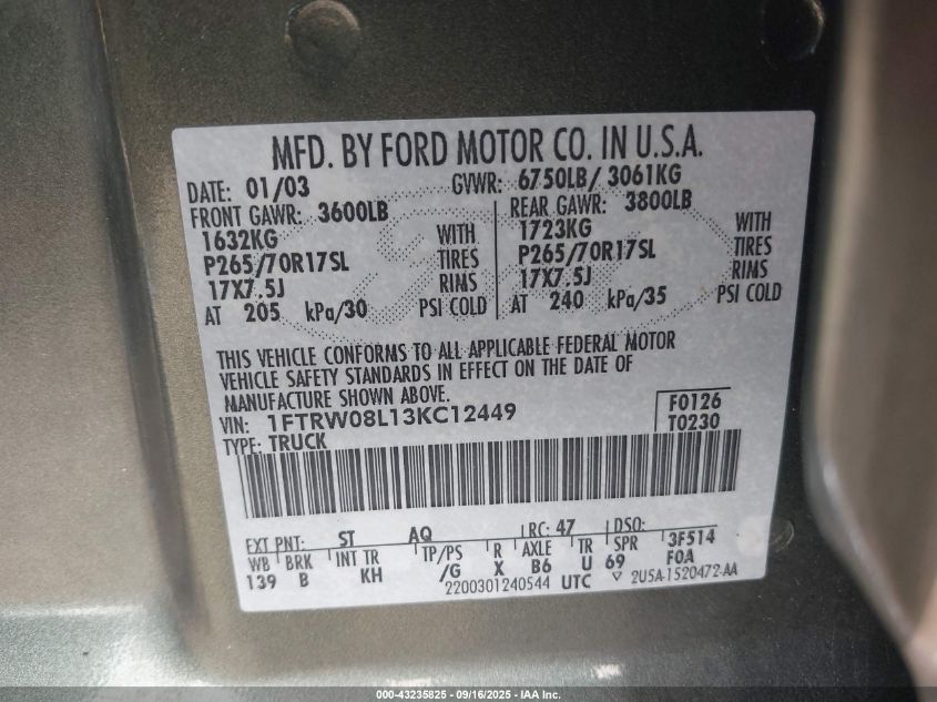 2003 Ford F-150 Lariat/Xlt VIN: 1FTRW08L13KC12449 Lot: 43235825