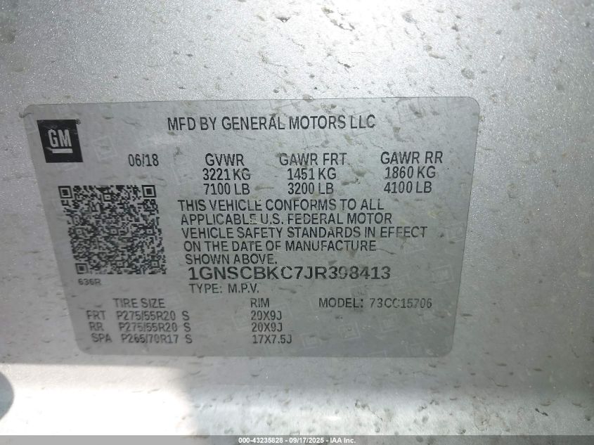 2018 Chevrolet Tahoe Lt VIN: 1GNSCBKC7JR398413 Lot: 43235828