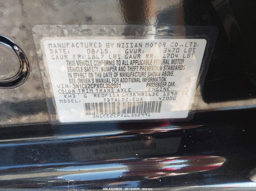 2016 Nissan Versa Note S (Sr)/S Plus/Sl/Sr/Sv VIN: 3N1CE2CPXGL352991 Lot: 43235838