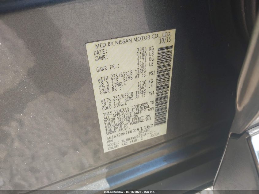 2015 Nissan Murano Sl VIN: 5N1AZ2MH7FN281162 Lot: 43235842