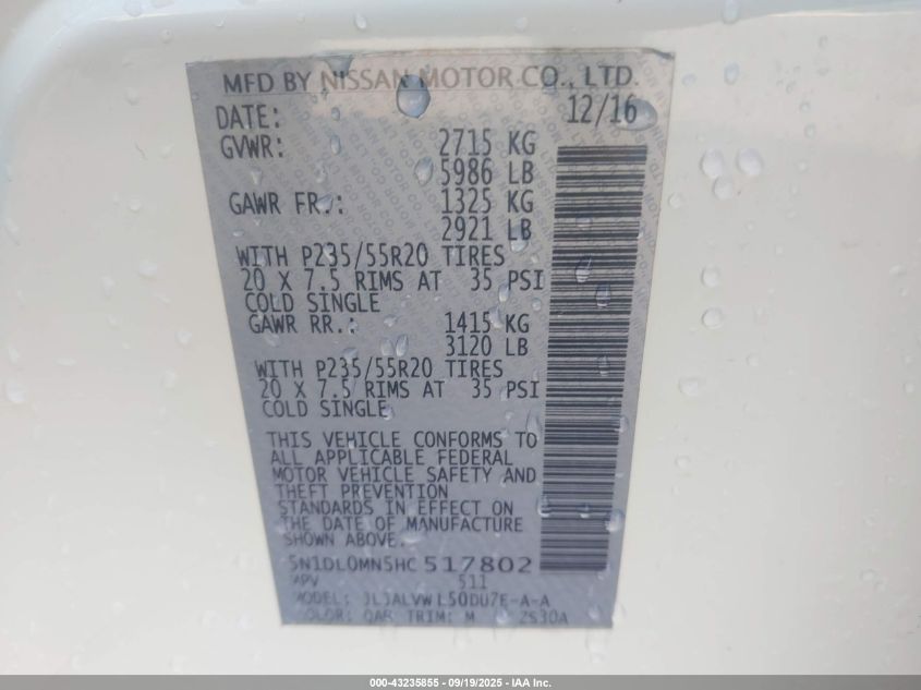 2017 Infiniti Qx60 VIN: 5N1DL0MN5HC517802 Lot: 43235855