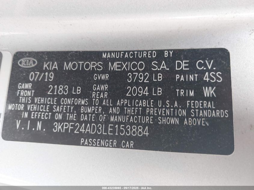 2020 Kia Forte Lxs VIN: 3KPF24AD3LE153884 Lot: 43235865