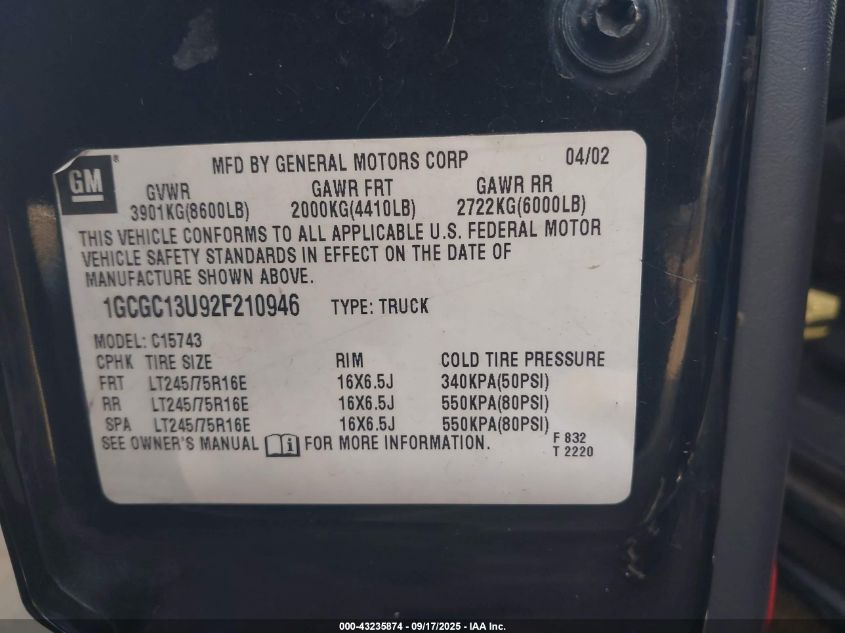 2002 Chevrolet Silverado 1500Hd Ls VIN: 1GCGC13U92F210946 Lot: 43235874