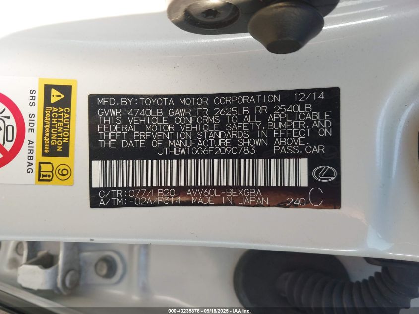 2015 Lexus Es 300H VIN: JTHBW1GG6F2090783 Lot: 43235878