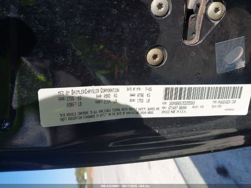 2005 Dodge Srt4 VIN: 1B3AS66S15D255509 Lot: 43235883