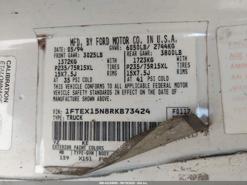 1994 Ford F150 VIN: 1FTEX15N8RKB73424 Lot: 43235889