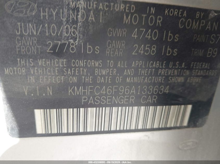 2006 Hyundai Azera Limited/Se VIN: KMHFC46F96A133634 Lot: 43235895