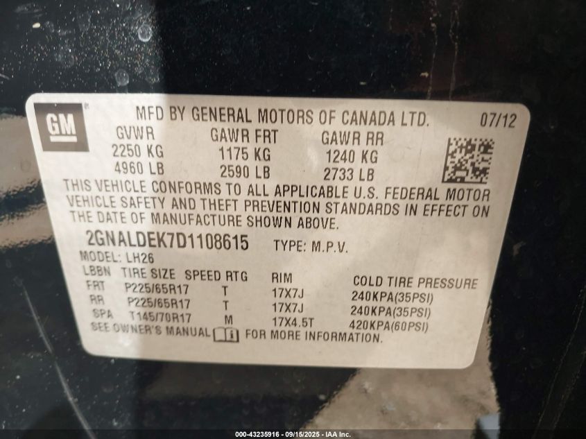 2013 Chevrolet Equinox 1Lt VIN: 2GNALDEK7D1108615 Lot: 43235916