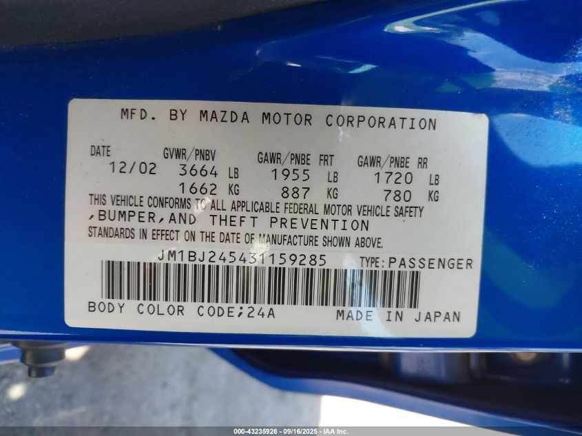 2003 Mazda Protege5 VIN: JM1BJ245431159285 Lot: 43235926