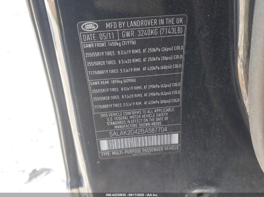 2011 Land Rover Lr4 VIN: SALAK2D42BA587704 Lot: 43235930