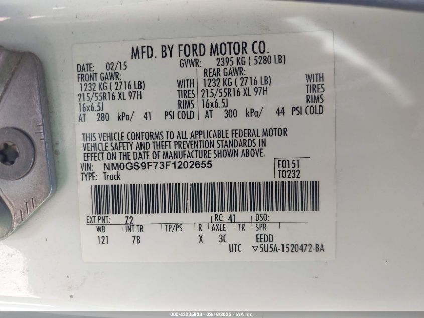 2015 Ford Transit Connect Xlt VIN: NM0GS9F73F1202655 Lot: 43235933