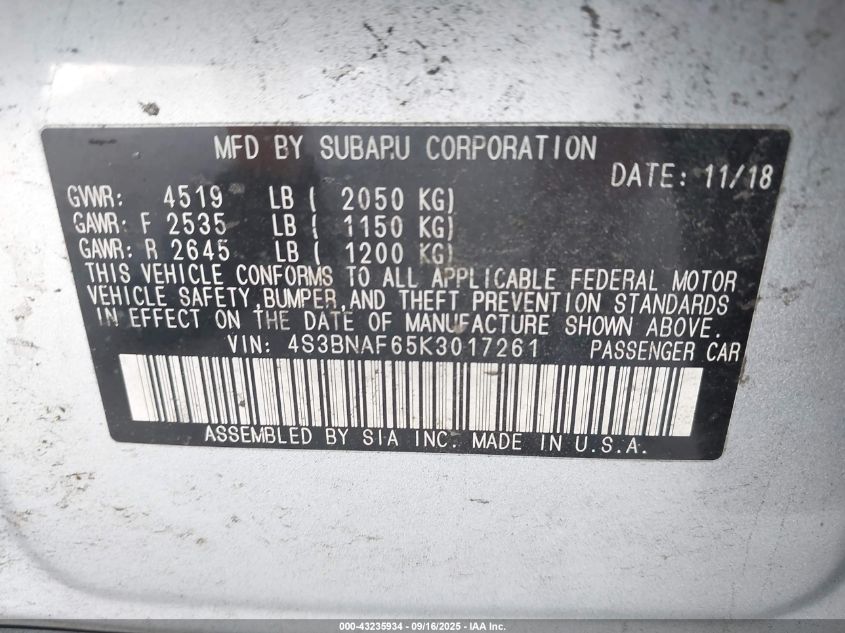 2019 Subaru Legacy 2.5I Premium VIN: 4S3BNAF65K3017261 Lot: 43235934