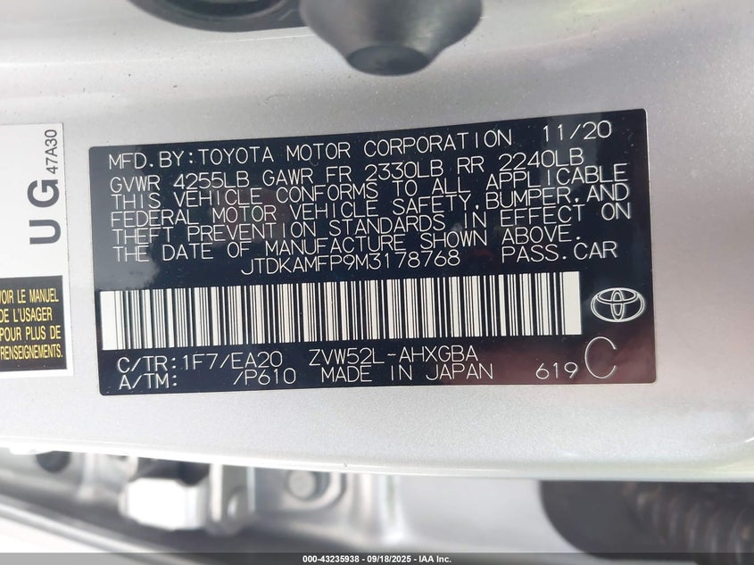 JTDKAMFP9M3178768 2021 TOYOTA PRIUS photo no. 9