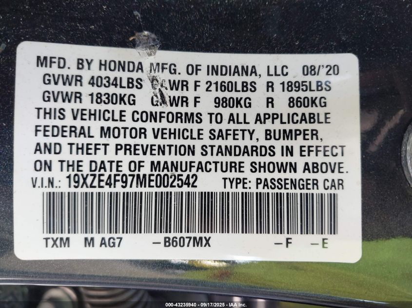2021 Honda Insight Touring VIN: 19XZE4F97ME002542 Lot: 43235940