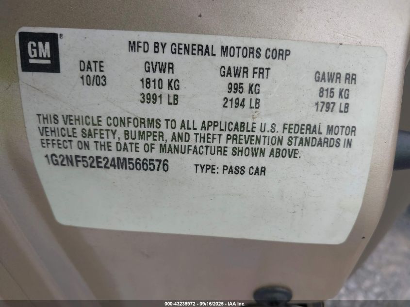 2004 Pontiac Grand Am Se1 VIN: 1G2NF52E24M566576 Lot: 43235972