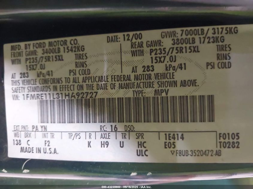 2001 Ford E-150 Xl/Xlt VIN: 1FMRE11L31HA92727 Lot: 43235980