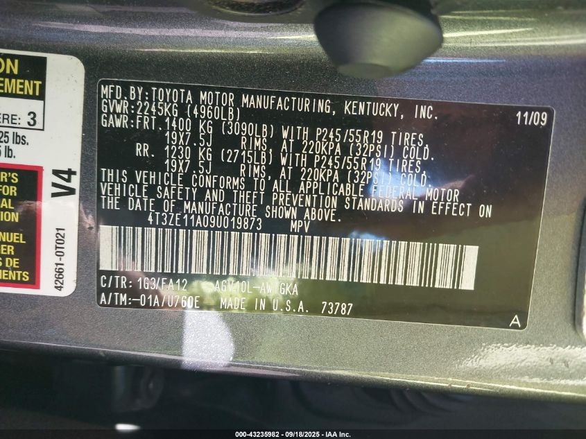 2009 Toyota Venza VIN: 4T3ZE11A09U019873 Lot: 43235982
