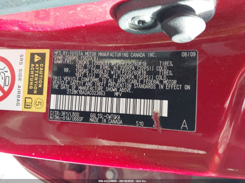 2010 Lexus Rx 350 VIN: 2T2BK1BA2AC023863 Lot: 43235989