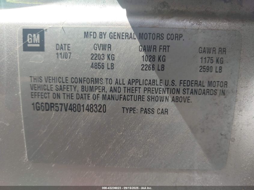 2008 Cadillac Cts Standard VIN: 1G6DR57V480148320 Lot: 43236023