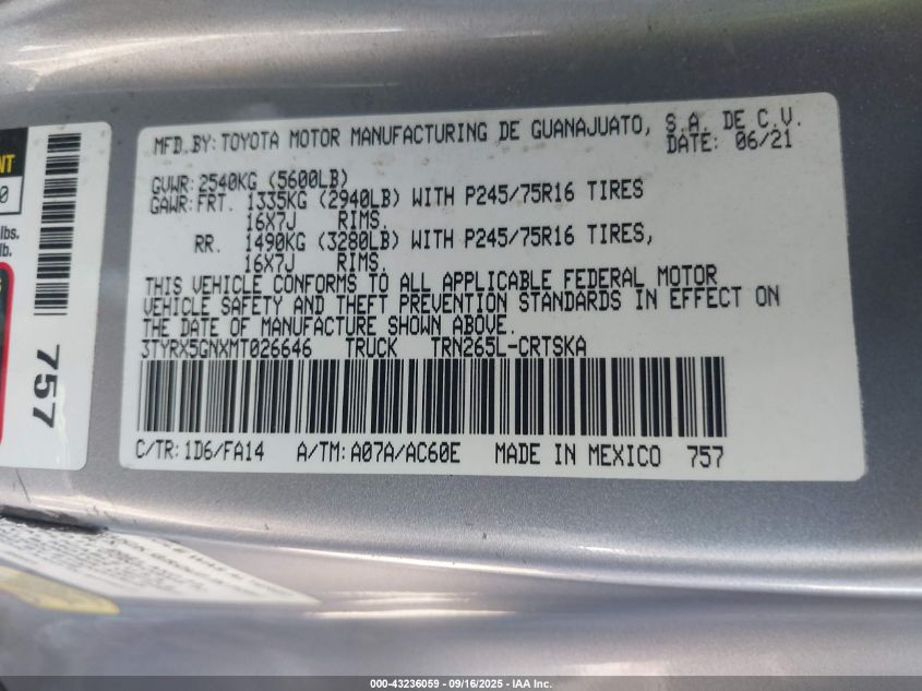 2021 Toyota Tacoma Sr VIN: 3TYRX5GNXMT026646 Lot: 43236059