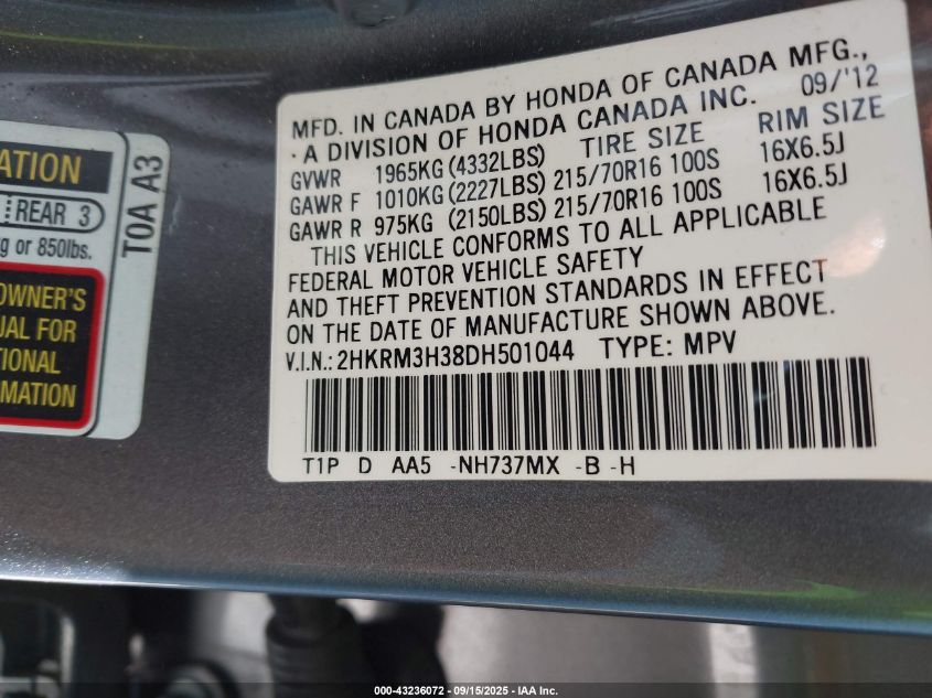 2013 Honda Cr-V Lx VIN: 2HKRM3H38DH501044 Lot: 43236072