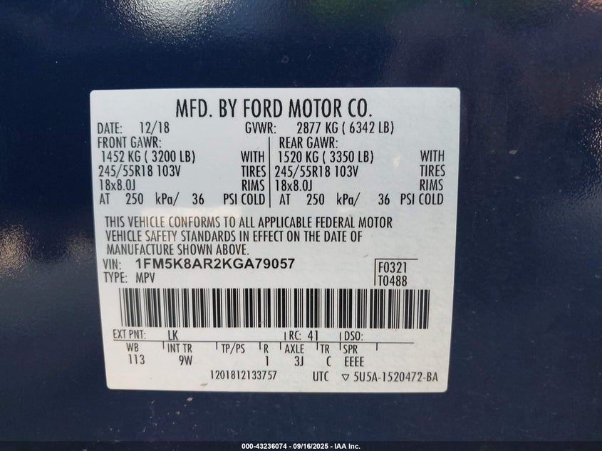 2019 FORD POLICE INTERCEPTOR - 1FM5K8AR2KGA79057