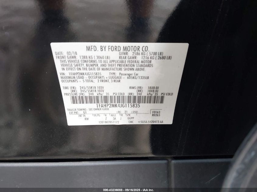 2018 Ford Police Interceptor VIN: 1FAHP2MK4JG115835 Lot: 43236088