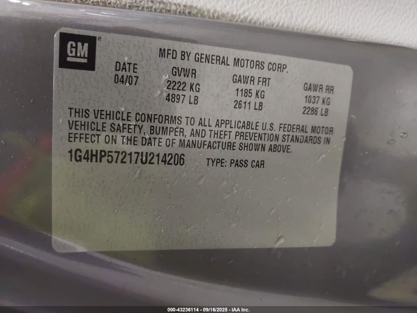 2007 Buick Lucerne Cx VIN: 1G4HP57217U214206 Lot: 43236114