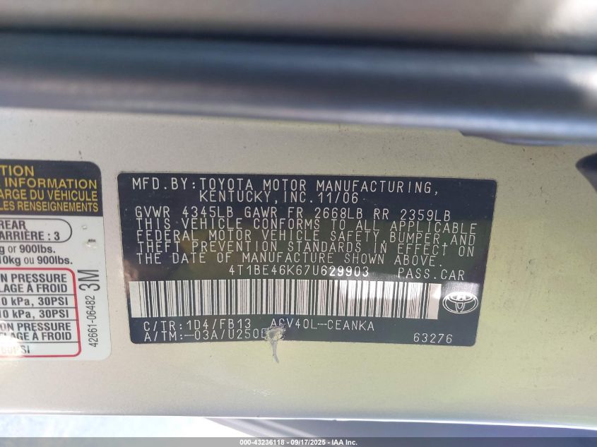 2007 Toyota Camry Le VIN: 4T1BE46K67U629903 Lot: 43236118