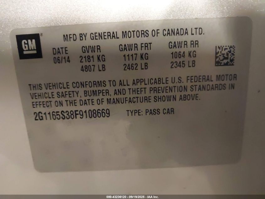 2015 Chevrolet Impala 2Lz VIN: 2G1165S38F9108669 Lot: 43236120