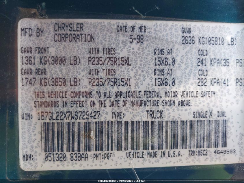 1998 Dodge Dakota Slt/Sport VIN: 1B7GL22X7WS729427 Lot: 43236130