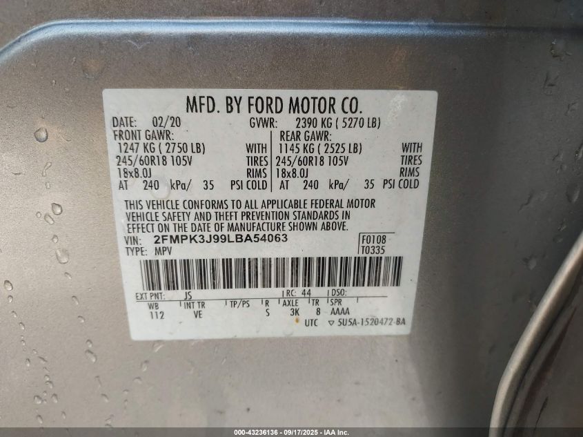 2020 Ford Edge Sel VIN: 2FMPK3J99LBA54063 Lot: 43236136