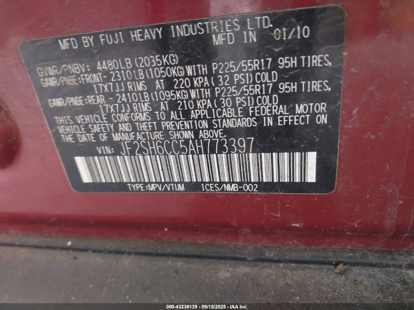 2010 Subaru Forester 2.5X Premium VIN: JF2SH6CC5AH773397 Lot: 43236139