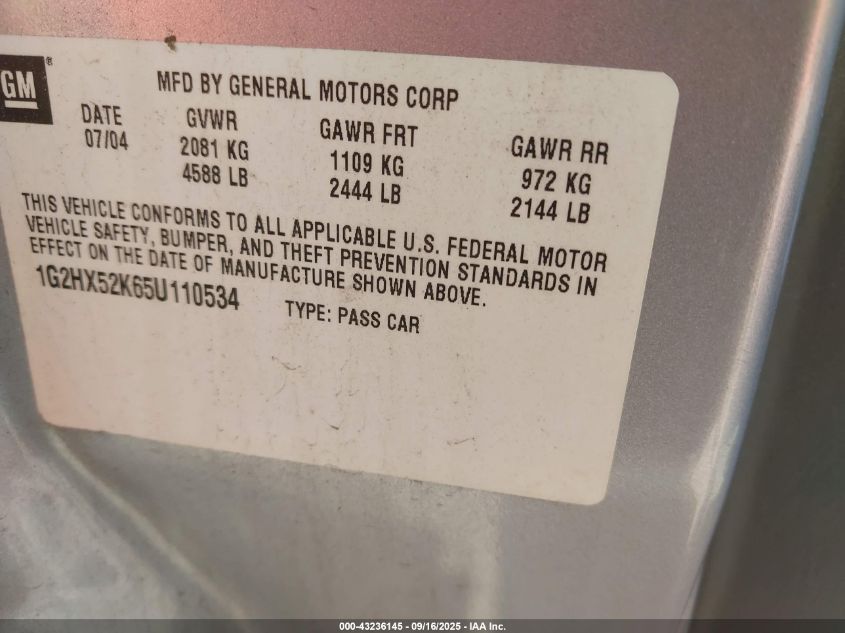 2005 Pontiac Bonneville Se VIN: 1G2HX52K65U110534 Lot: 43236145
