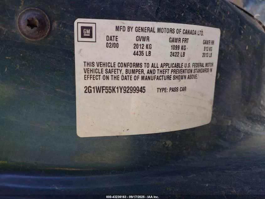 2000 Chevrolet Impala VIN: 2G1WF55K1Y9299945 Lot: 43236163