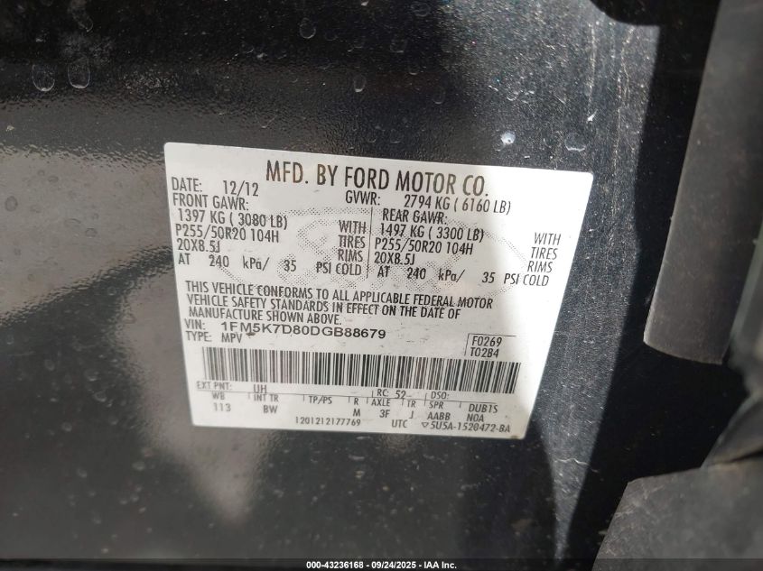 2013 Ford Explorer Xlt VIN: 1FM5K7D80DGB88679 Lot: 43236168