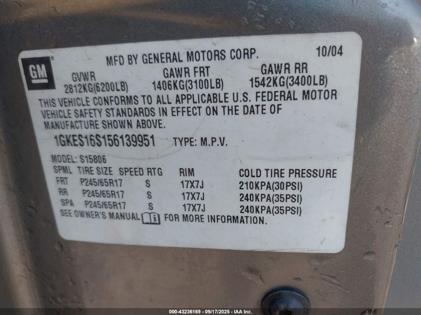 2005 GMC Envoy Xl Sle VIN: 1GKES16S156139951 Lot: 43236169