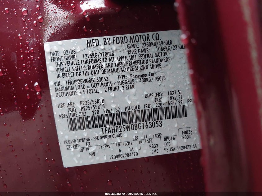 2008 Ford Taurus Limited VIN: 1FAHP25W08G163053 Lot: 43236172