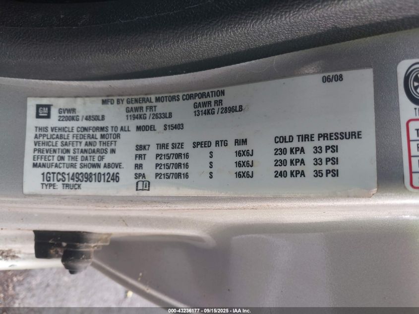2009 GMC Canyon Work Truck VIN: 1GTCS149398101246 Lot: 43236177