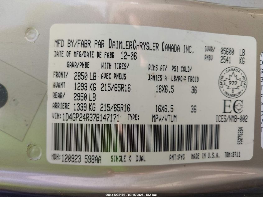 2007 Dodge Grand Caravan VIN: 1D4GP24R37B147171 Lot: 43236193